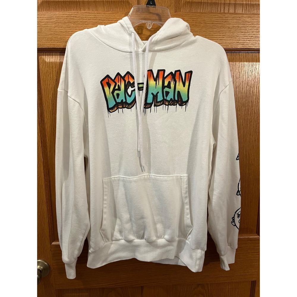Retro Arcade Graffiti Pac-Man Pullover Hoodie Mens Size Large Pockets Graphic